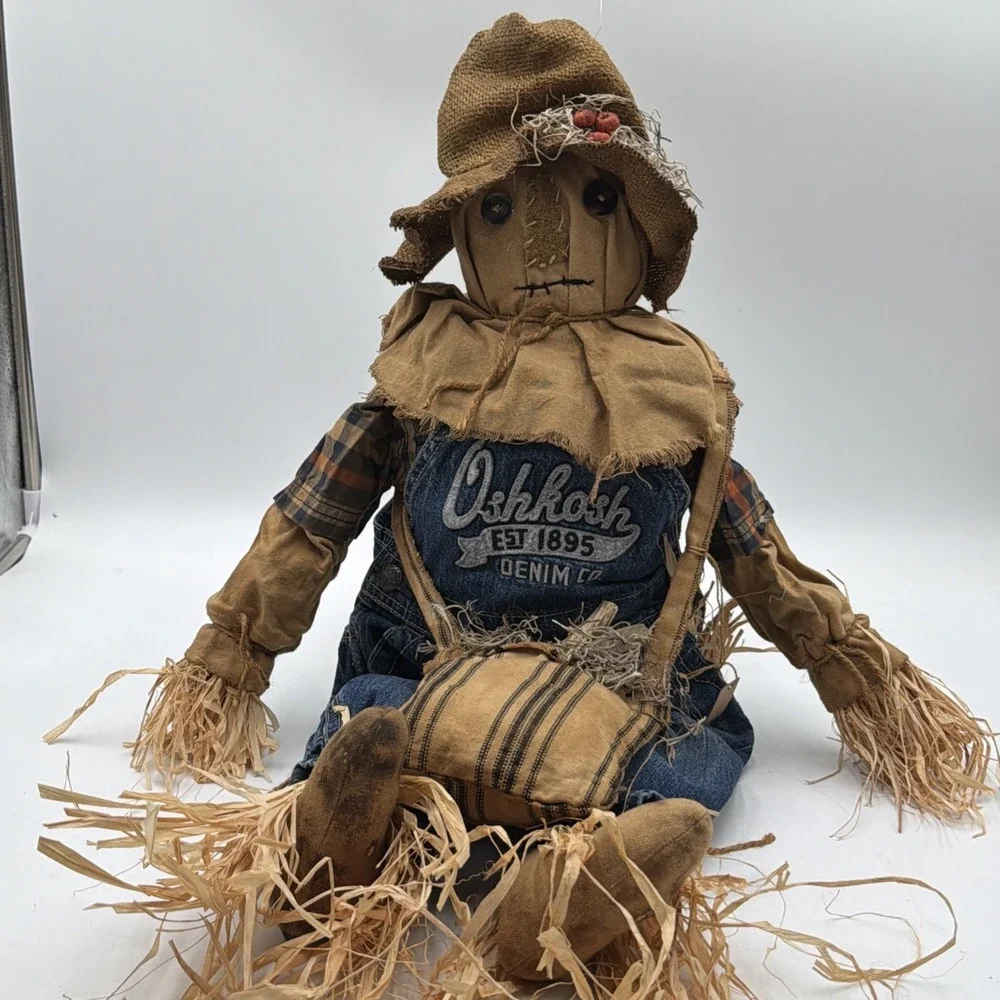 Vintage Primitive Handmade Grungy Scarecrow Doll Folk Art Fall Oshkosh Overalls